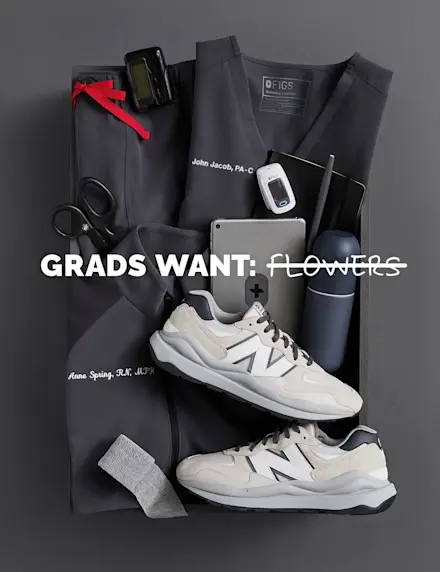 Forget Flowers. Get FIGS. Embroidered scrubs, personalized gifts, and a whole lot of “you did it!”
