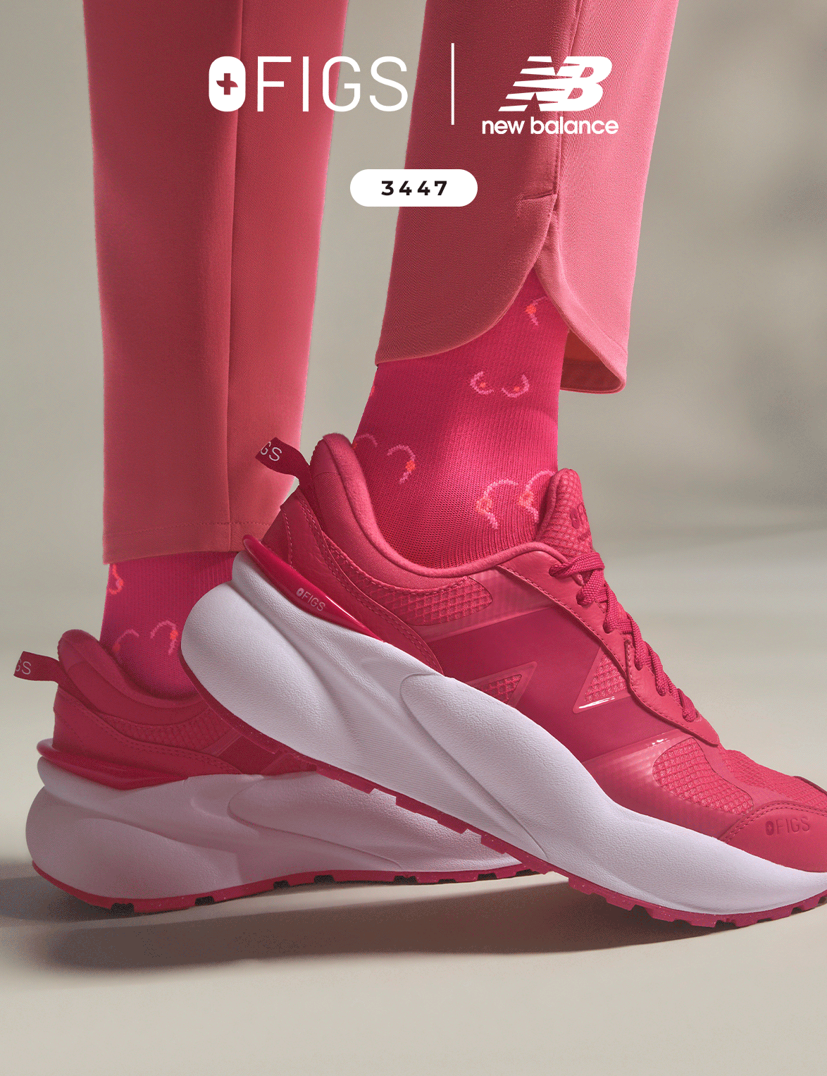 GO TOE TO TOE. The FIGS | New Balance 3447—in F’ing Pink for a limited time only. 