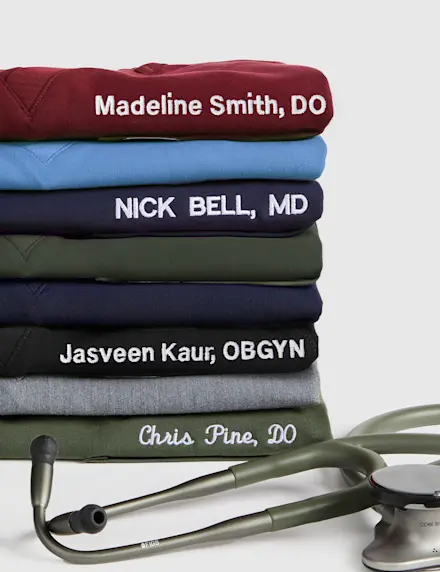 Embroidered scrubs make it real. Choose text, icons, or even a logo, and you’ll have a gift that will last a lifetime.