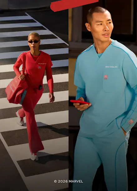 Healthcare professionals wearing limited-edition FIGS x Marvel Spider-Man scrubs in Hibiscus and Mauritius Blue from the exclusive collaboration collection.