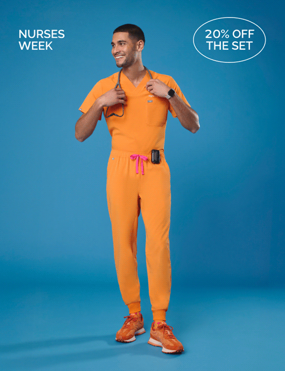 A top. A trouser. A match made in medicine. Get our best-selling scrub set for 20% OFF during Nurses' Week.