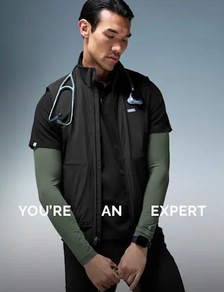 At your job, of course. But also at getting dressed. Shop limited-edition scrub tops and pants—ample pockets, thoughtful details, and effortless style.