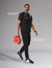 FLEX MODE — Our NEW CRAIG HENLEY SCRUB TOP™ and NAGA JOGGER SCRUB PANTS™ give you a full range of motion. Here in best-selling colors.