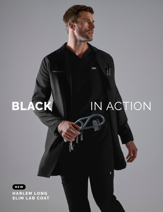 The Harlem Long Slim Lab Coat, now available in Black.