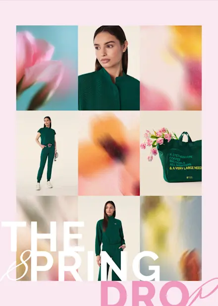 Spring-inspired collage featuring healthcare professionals in Sunrise Pink and Forest Green scrubs alongside colorful floral imagery, nature textures, and the FIGS Spring Drop collection.