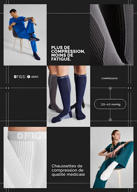 Professionnel médical portant des chaussettes de compression FIGS x ArchTek, conçues pour réduire la fatigue des pieds, soutenir la circulation et améliorer le confort pendant les quarts de travail prolongés.