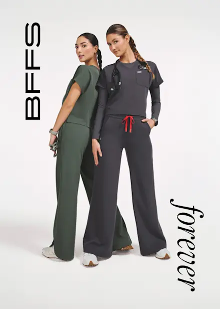 Lifestyle collage featuring FIGS cropped scrub tops and wide-leg scrub pants alongside the "BFFS forever" campaign celebrating the complementary silhouettes.