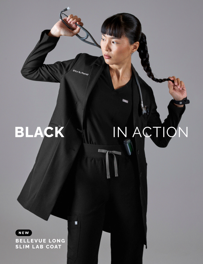 The Bellevue Long Slim Lab Coat, now available in Black. 