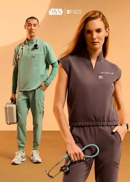 Healthcare professionals wearing limited-edition FIGS x Star Wars scrubs in Smokey Taupe and Jade from the exclusive collaboration collection.
