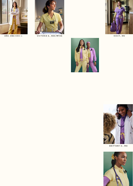 Collage of healthcare professionals wearing FIGS scrubs in Wild Iris and Butter Yellow celebrating the Never Change campaign for International Women's Day.