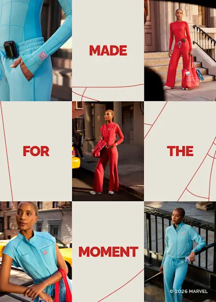 Campaign collage featuring healthcare professionals in the FIGS x Marvel Spider-Man Collection with "Made for the Moment" artwork and Spider-Man-inspired red and blue scrubs.