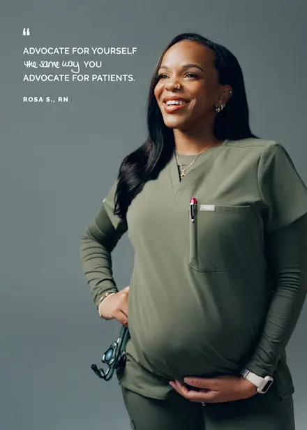 Collage of pregnant healthcare professionals wearing the FIGS Maternity Collection alongside quotes celebrating pregnancy, resilience, and healthcare professionals.
