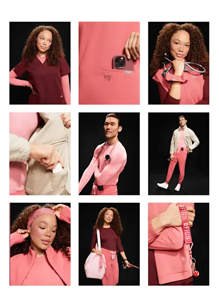 Collage of product photography featuring women and men wearing the Pulmonary Pink collection, paired with Burgundy scrubs, fleece outerwear, healthcare accessories, and close-up details of premium fabrics and functional features.