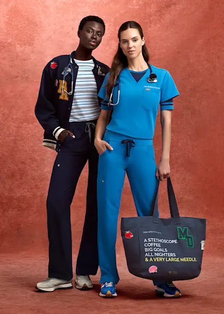 Medical students and healthcare professionals wear FIGS Back-to-School styles in new Sienna, Harbor Grey, and Blue Horizon.