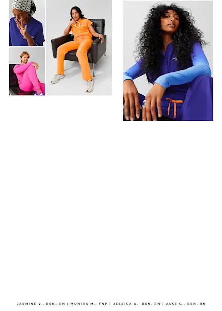 Collage of healthcare professionals wearing FIGS scrubs in Deep Royal Blue, Rapid Response Pink, and Creamsicle, celebrating Nurses Week.