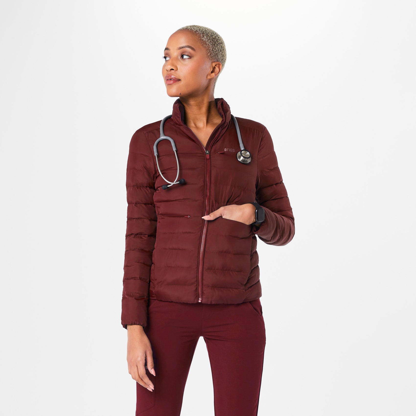 Women s On Shift Packable Puffer Jacket Burgundy FIGS