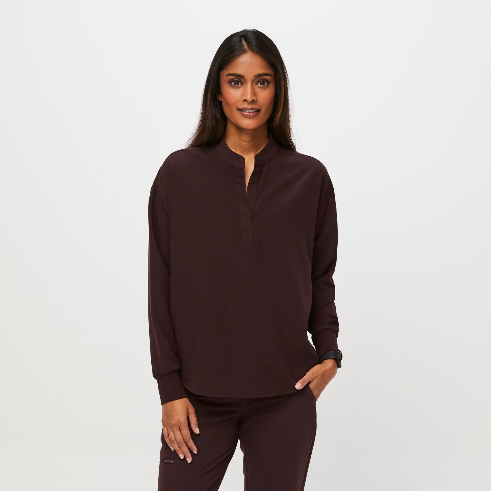 Women s Rafaela Longsleeve Scrub Top Espresso FIGS