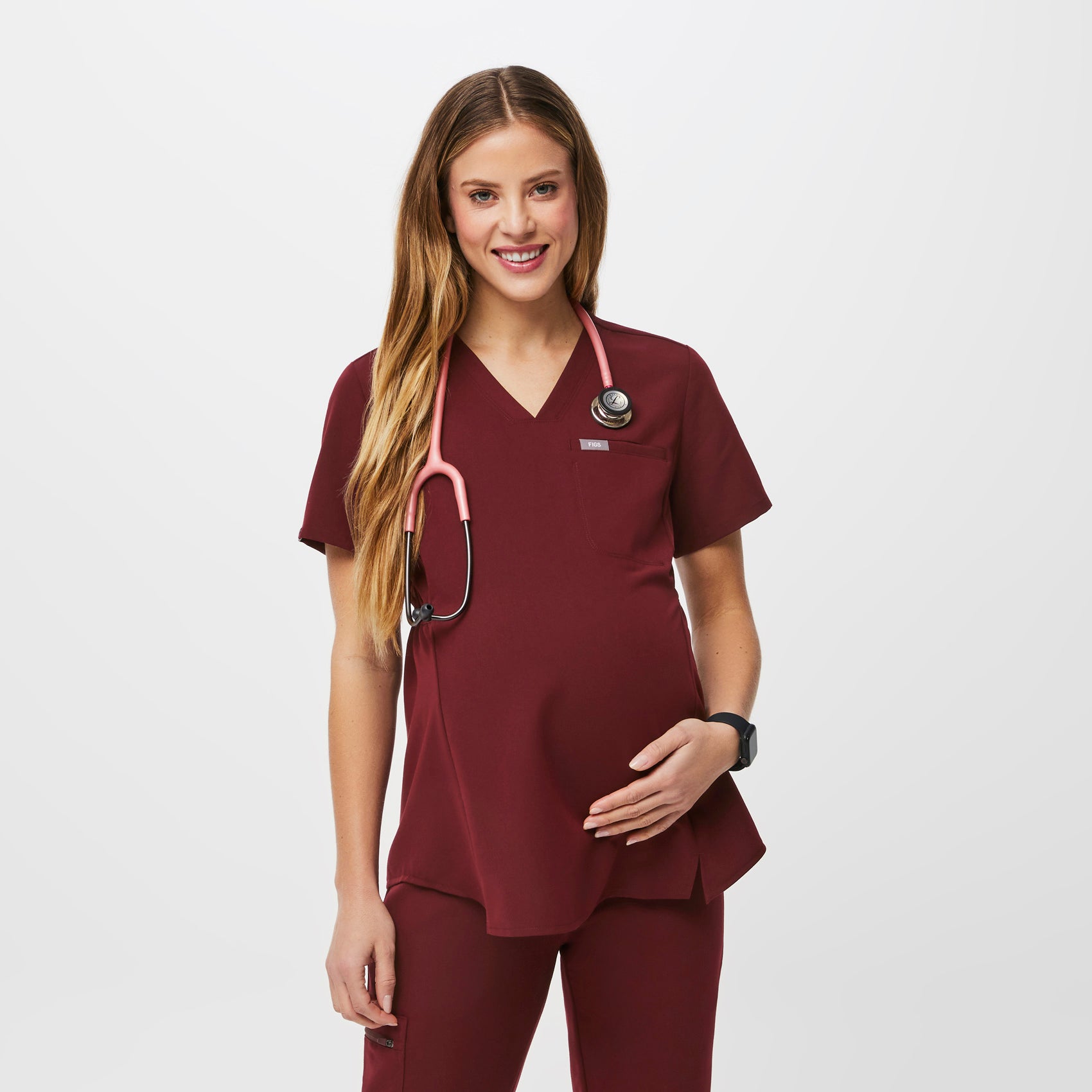Women’s Octavia Maternity Scrub Top Burgundy · FIGS