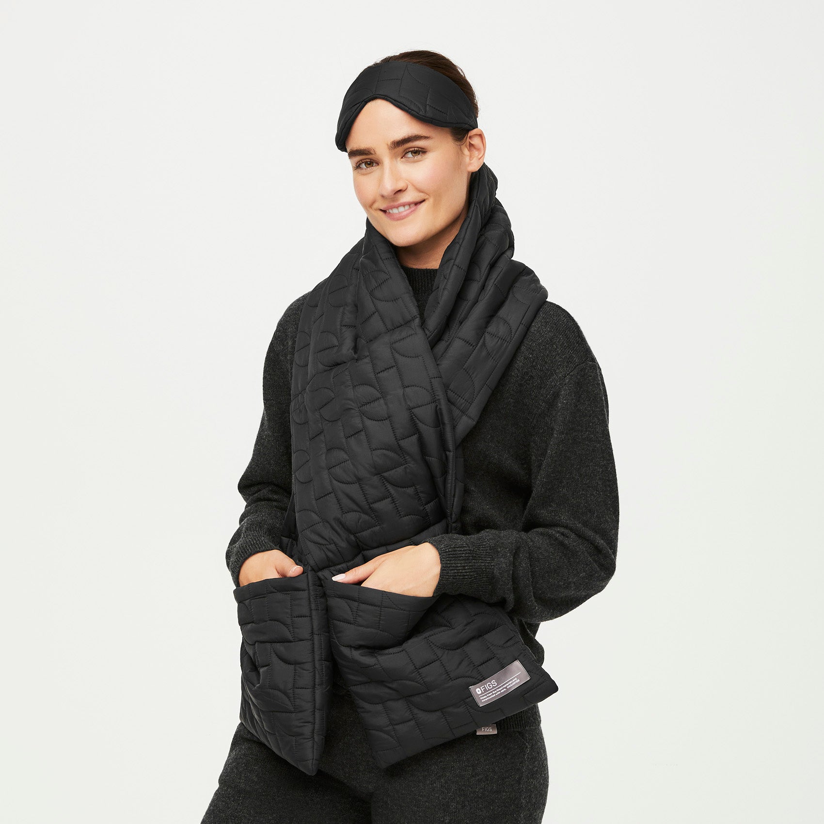 Quilted Puffer Scarf + Eye Mask - Black · FIGS
